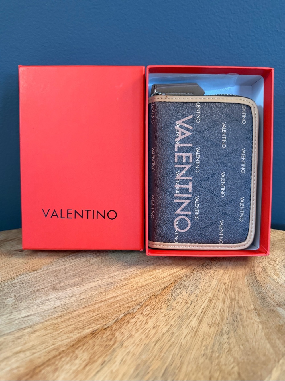 Valentino Brown Logo Zip Wallet with Beige Trim